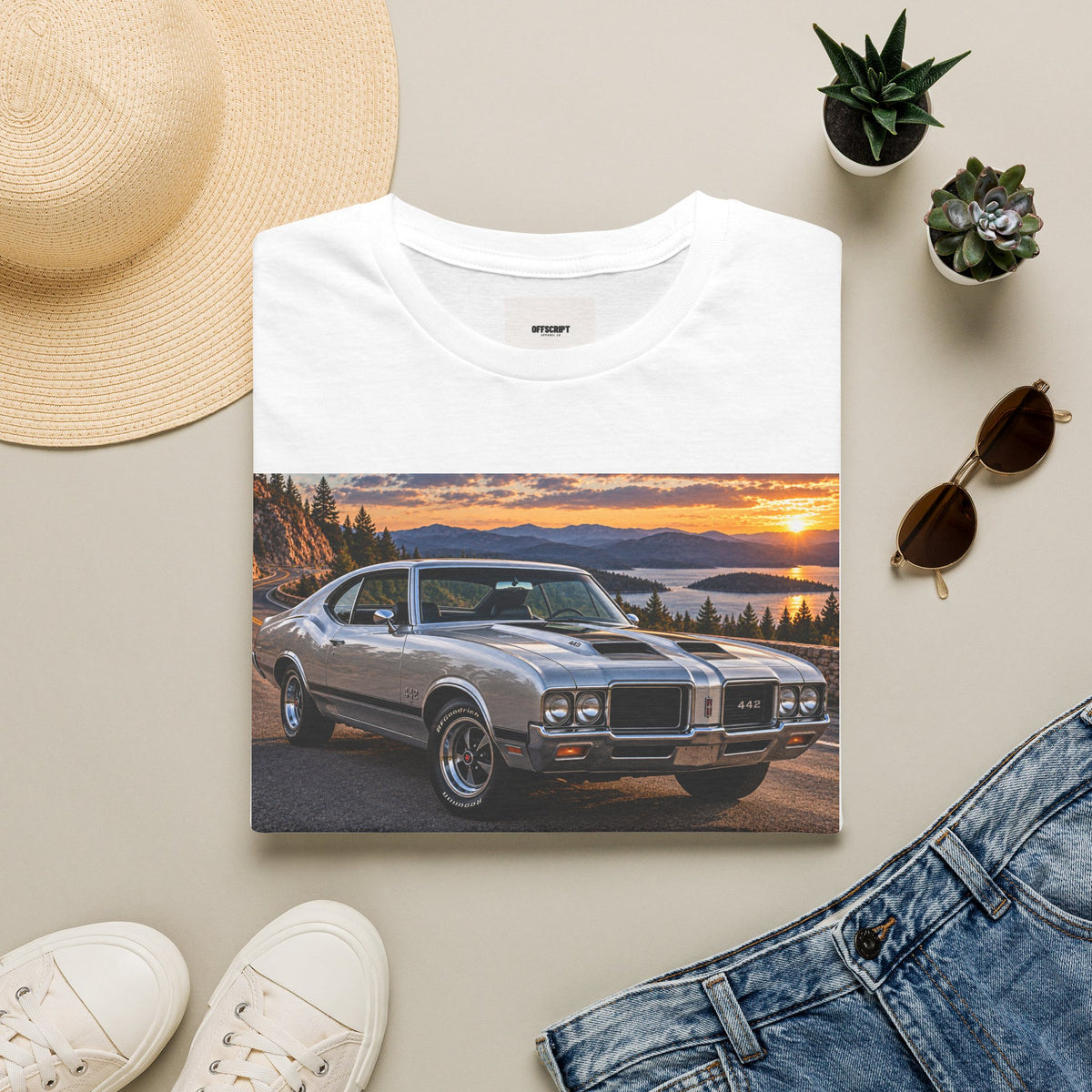 Classic Muscle Car Sunset T-Shirt — Vintage Oldsmobile Photo Tee