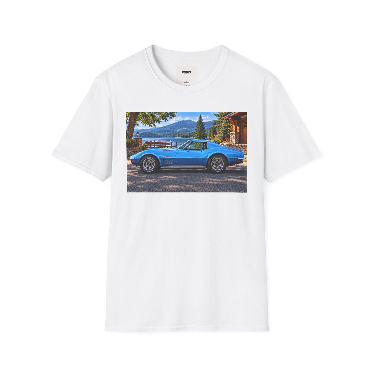 1968 Chevrolet Corvette Stingray Graphic T‑Shirt — Blue Classic Car Lakefront Print