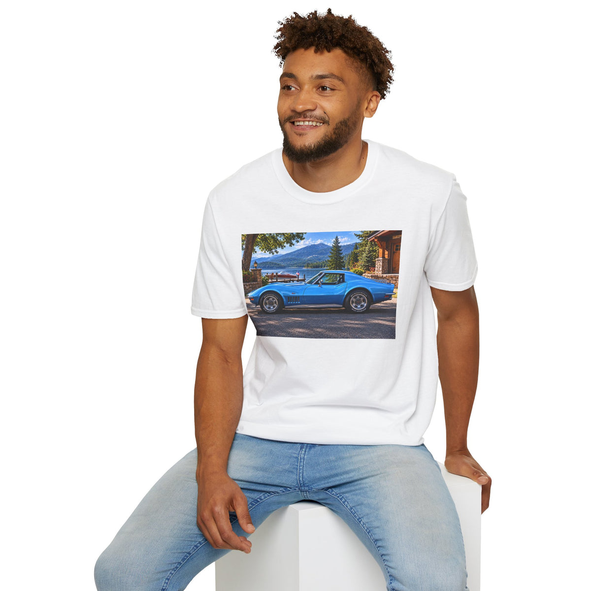 1968 Chevrolet Corvette Stingray Graphic T‑Shirt — Blue Classic Car Lakefront Print