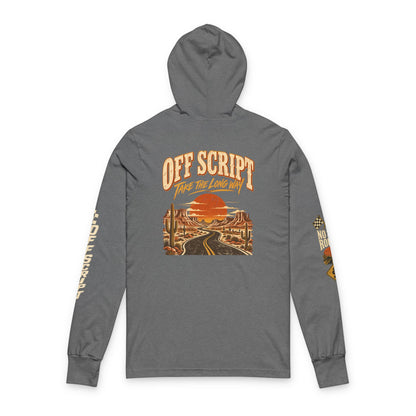 Long Sleeve Hoodie — 'Off Script' Desert Sunset Road Graphic