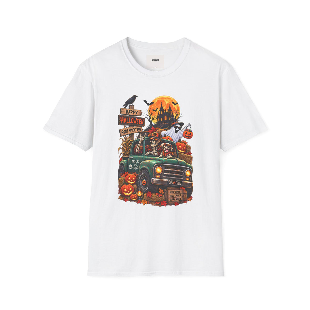 Halloween Truck Graphic T‑Shirt — Happy Halloween Ghosts & Pumpkins Design