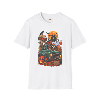 Halloween Truck Graphic T‑Shirt — Happy Halloween Ghosts & Pumpkins Design