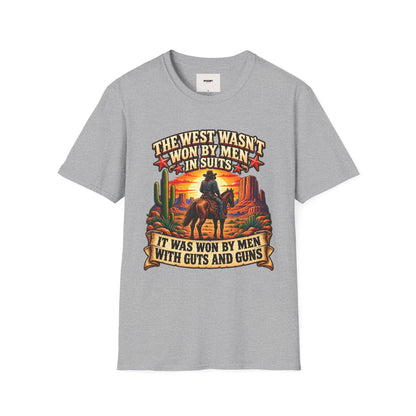 Western Graphic T-Shirt — “The West Wasn’t Won by Men in Suits” Cowboy Sunset Tee