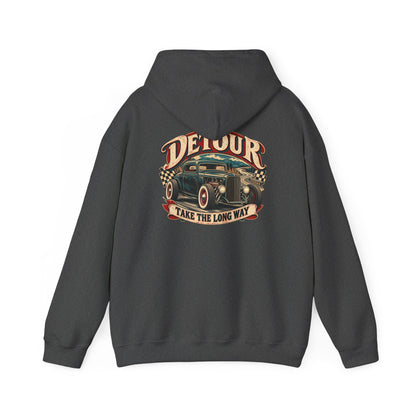 Detour Vintage Hot Rod Hoodie — "Take The Long Way" Classic Car Sweatshirt