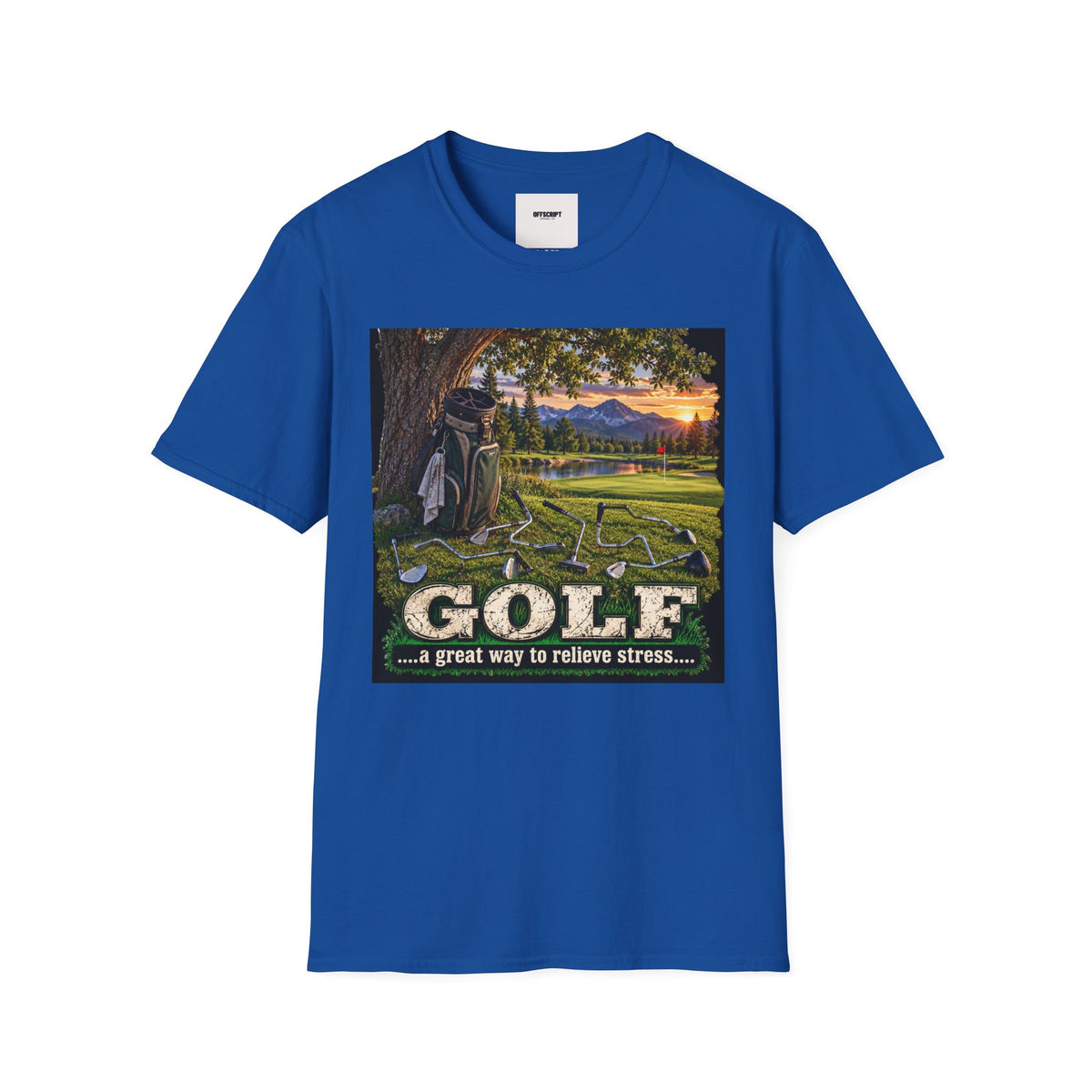 Golf Relaxation T-Shirt — "GOLF: a great way to relieve stress" Scenic Sunset Design