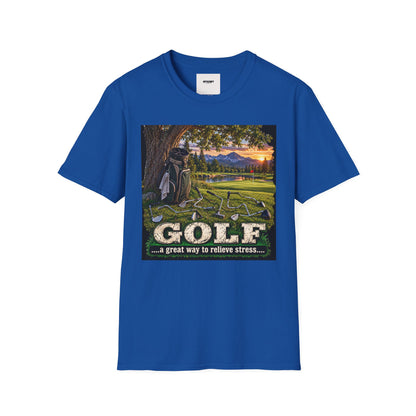 Golf Relaxation T-Shirt — "GOLF: a great way to relieve stress" Scenic Sunset Design