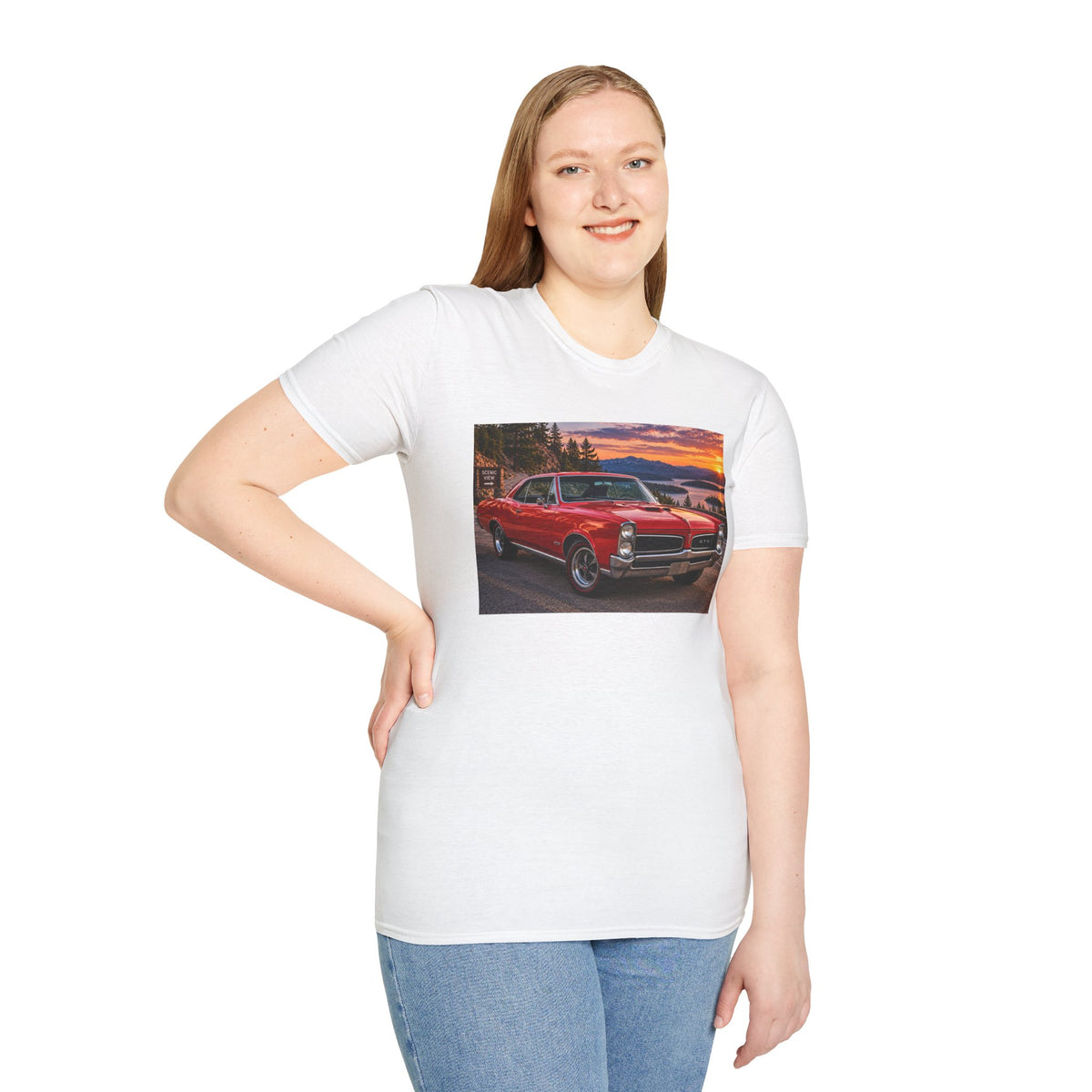 Classic Red Muscle Car T-Shirt — Vintage Pontiac Sunset Driving Tee