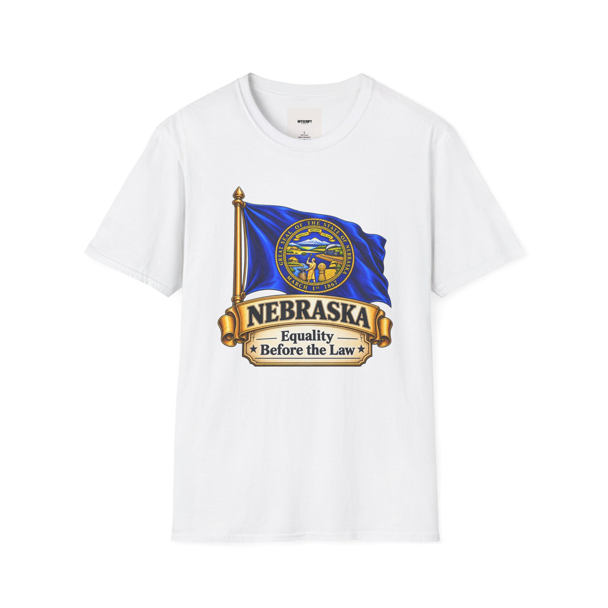 Nebraska Flag T-Shirt — State Seal ‘Nebraska: Equality Before the Law’