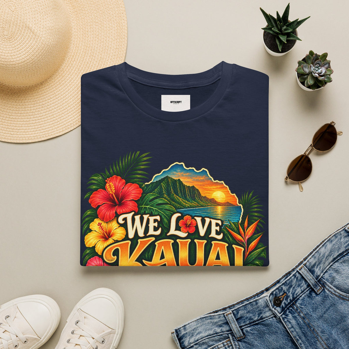 We Love Kauai T-Shirt — Hawaiian Island Sunset Floral Tee