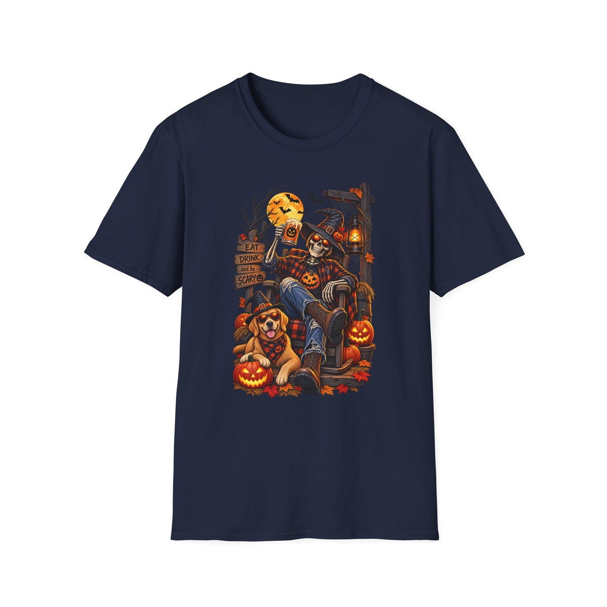 Halloween Skeleton Lounge T-Shirt — "Eat Drink & Be Scary" Graphic Tee