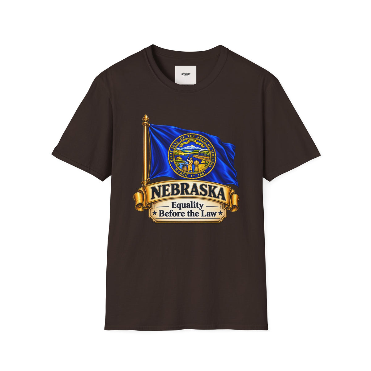 Nebraska Flag T-Shirt — State Seal ‘Nebraska: Equality Before the Law’