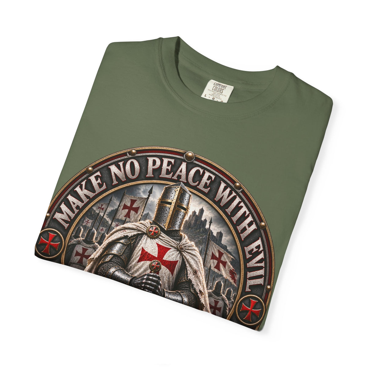 Make No Peace With Evil T-shirt | Crusader Helmet Ephesians 5:11