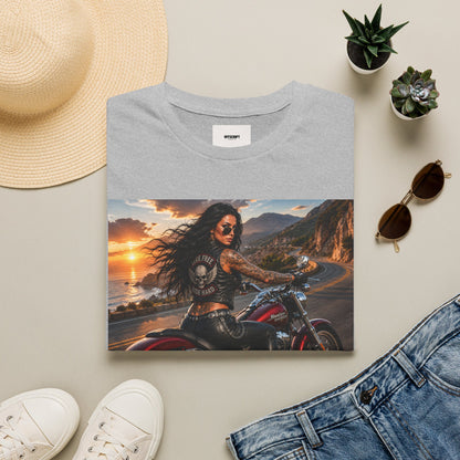Biker Girl Sunset T-Shirt — Motorcycle Rider Graphic Tee