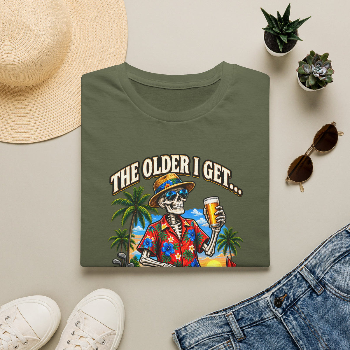 T-Shirt — “The Older I Get… The Further My Balls Go Into The Woods” Retro Tropical Skeleton Humor Tee
