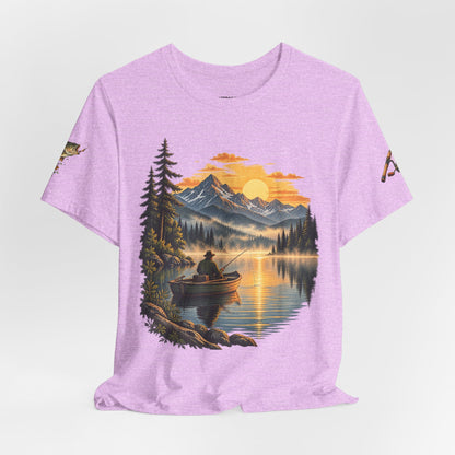 Sunset Lake Fishing T-Shirt — Mountain Boat Fishing Graphic Tee