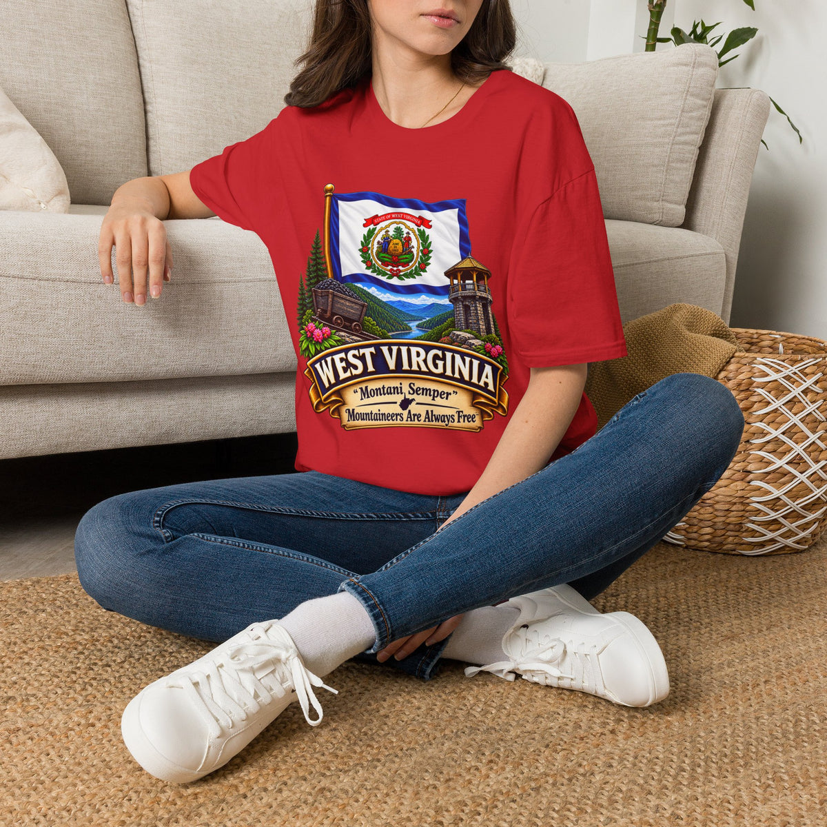 West Virginia Flag T-Shirt — State Pride Scenic Design ("Mountaineers Are Always Free")