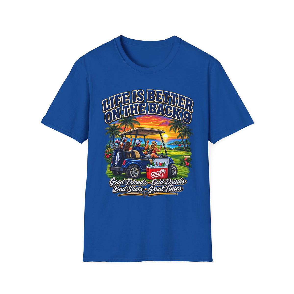 Golf T-Shirt — "Life Is Better on the Back 9" Sunset Golf Cart Design