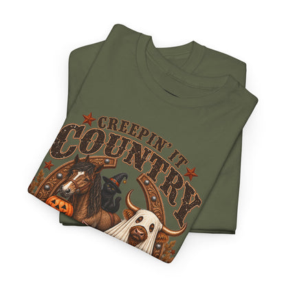 Country Halloween Tee — "Keepin' It Country Boo Y'all" Farm Animal Pumpkin T-Shirt