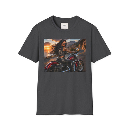 Biker Girl Sunset T-Shirt — Motorcycle Rider Graphic Tee