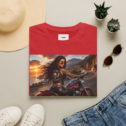 Biker Girl Sunset T-Shirt — Motorcycle Rider Graphic Tee