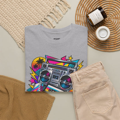 Retro Boombox Tee — 80s Neon Music Graphic T-Shirt