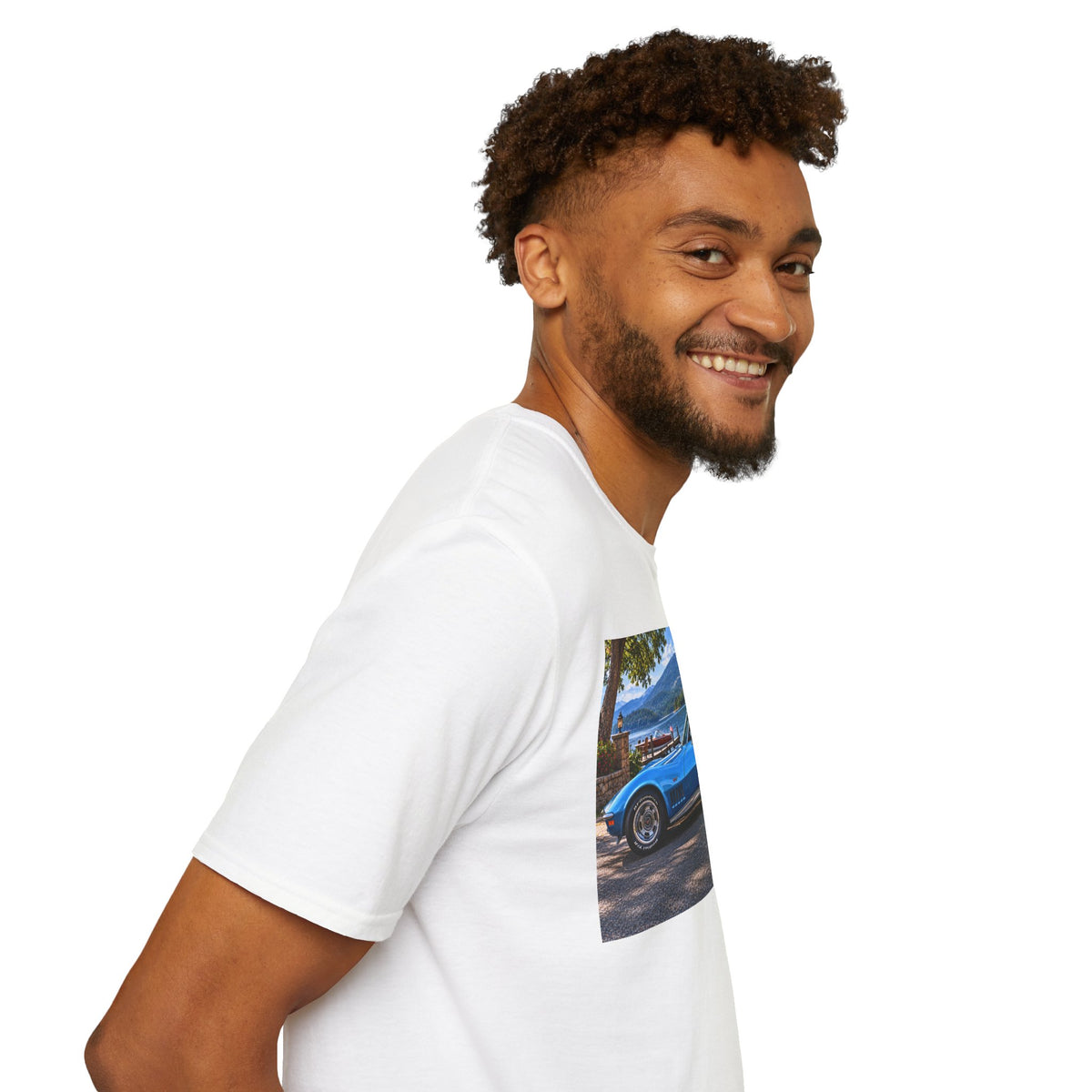 1968 Chevrolet Corvette Stingray Graphic T‑Shirt — Blue Classic Car Lakefront Print
