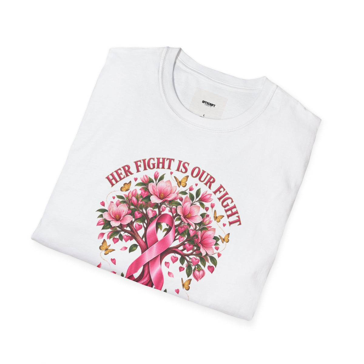Breast Cancer Awareness T-Shirt – “Her Fight Is Our Fight” Pink Ribbon Floral Tee
