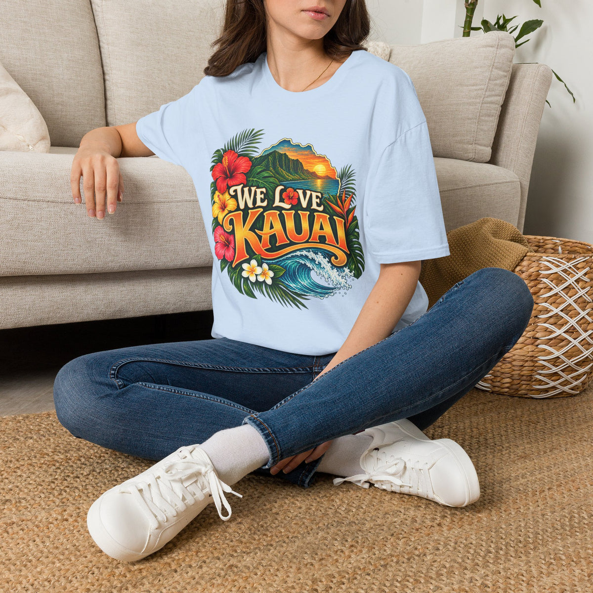 We Love Kauai T-Shirt — Hawaiian Island Sunset Floral Tee