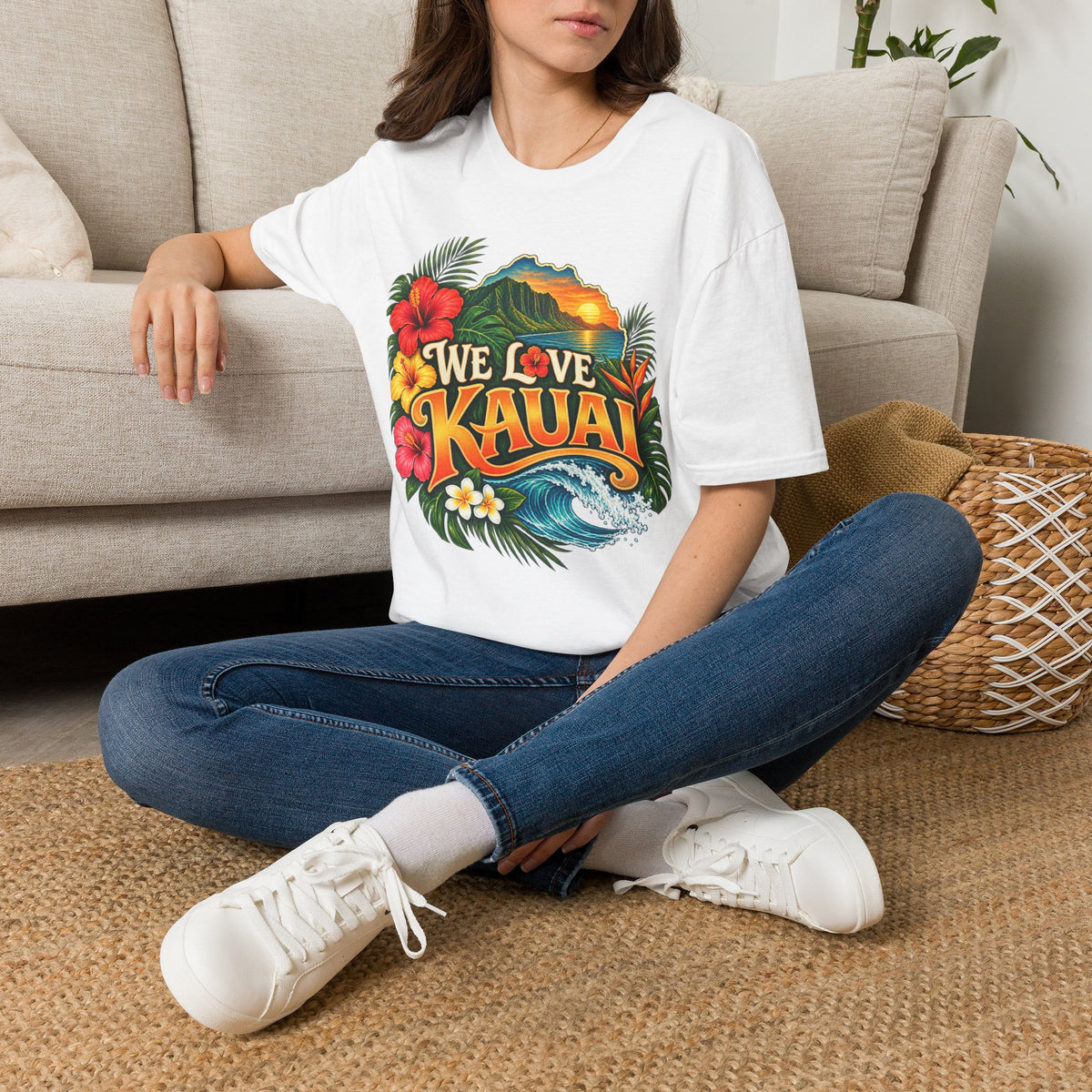 We Love Kauai T-Shirt — Hawaiian Island Sunset Floral Tee