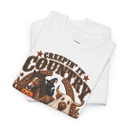 Country Halloween Tee — "Keepin' It Country Boo Y'all" Farm Animal Pumpkin T-Shirt