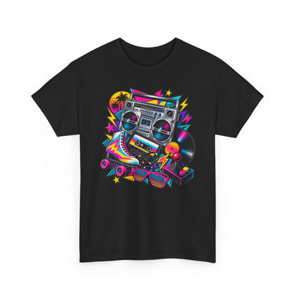 Retro Boombox Tee — 80s Neon Music Graphic T-Shirt