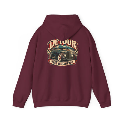 Detour Vintage Hot Rod Hoodie — "Take The Long Way" Classic Car Sweatshirt
