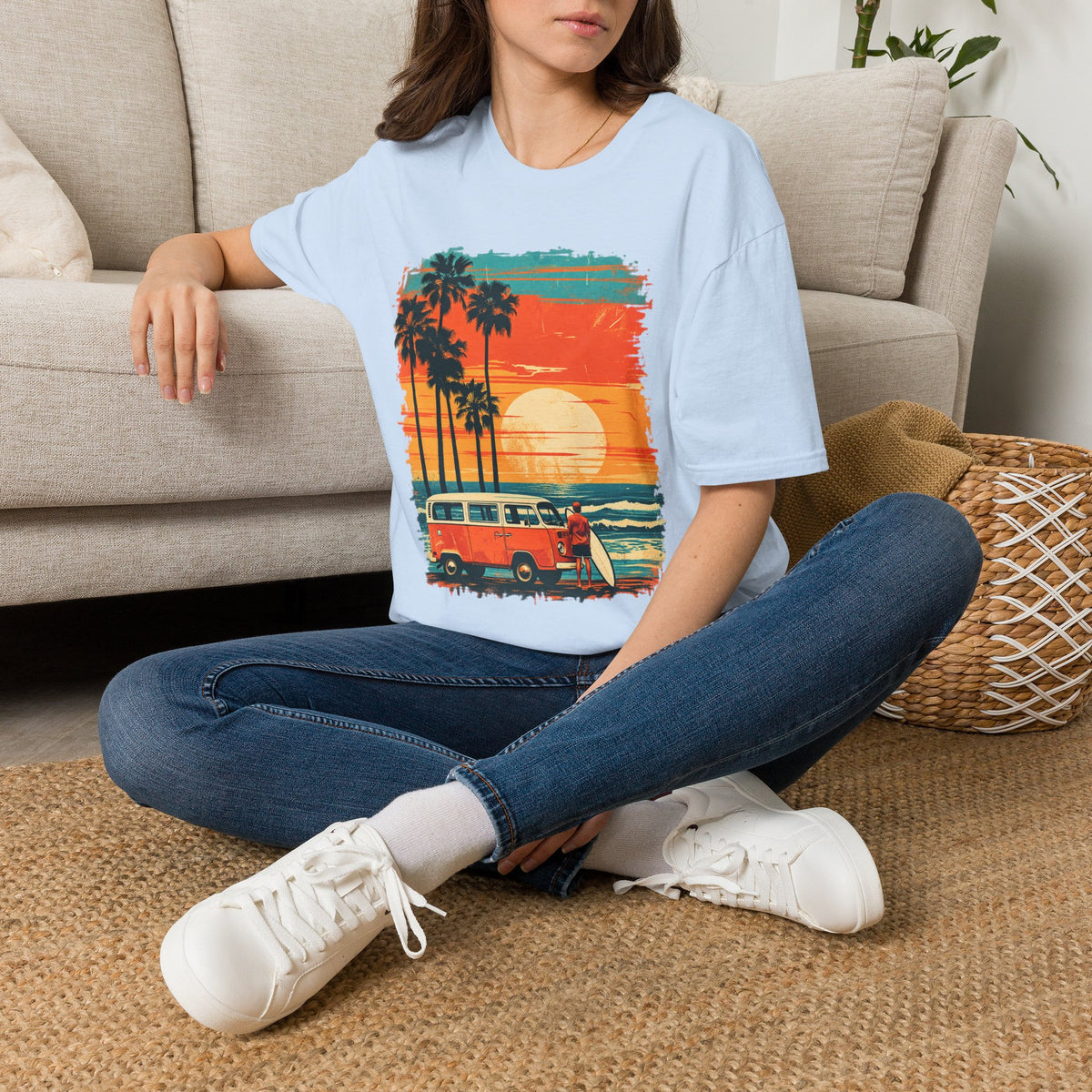 Retro Sunset Van T-Shirt – Tropical Beach Road Trip Graphic