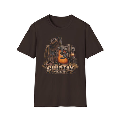 Country Music Guitar T-Shirt — Rustic Cowboy Hat & Lantern Graphic