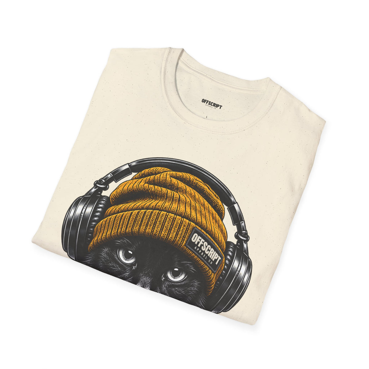 Cat Headphones T-Shirt — Cool Black Cat with Beanie & Headphones Graphic