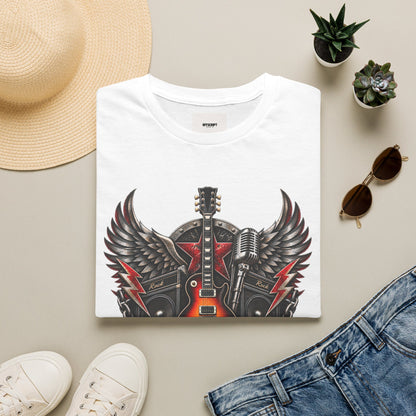 Rock 'n' Roll Guitar Tee — Vintage Winged Guitar & Microphone Design