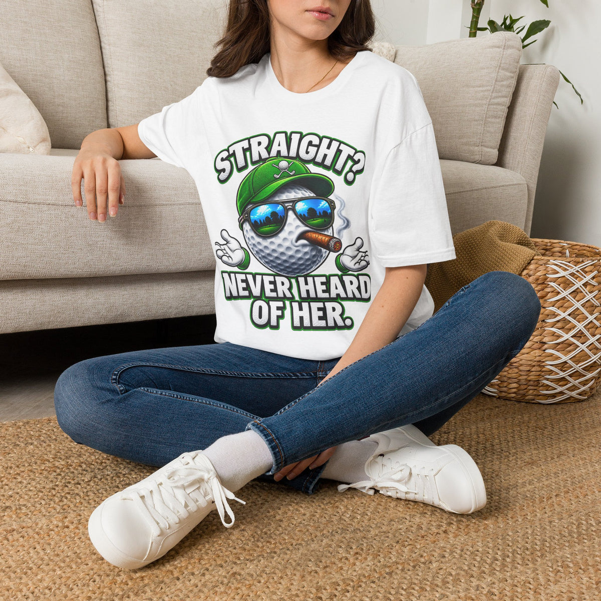Golf Ball Graphic T-Shirt — "Straight? Never Heard of Her." Funny Golf Shirt