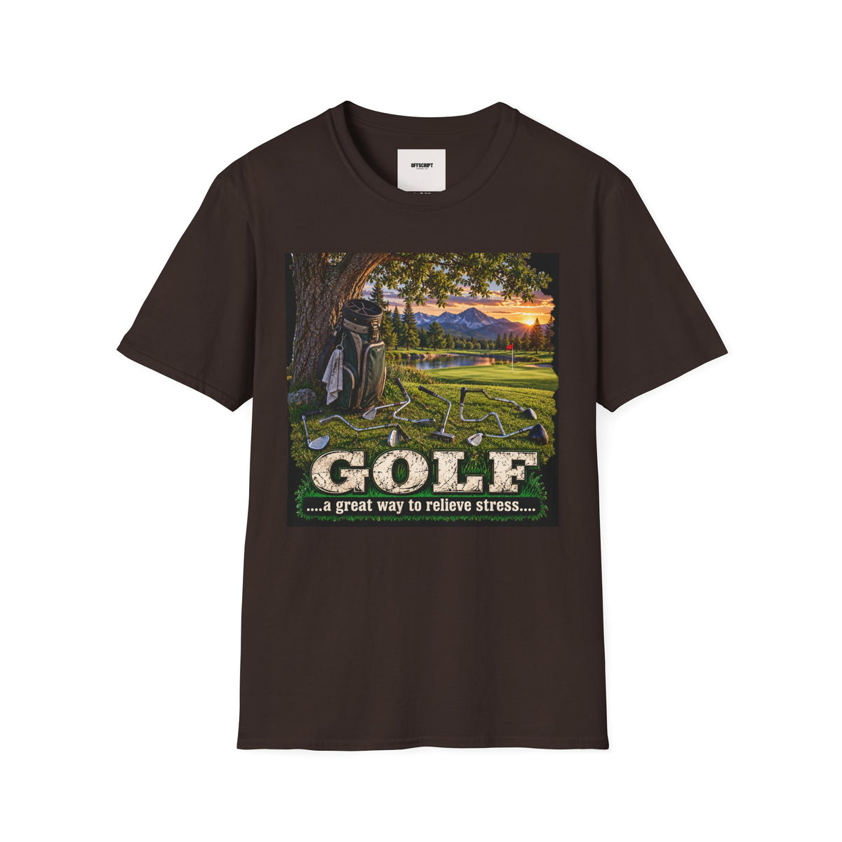 Golf Relaxation T-Shirt — "GOLF: a great way to relieve stress" Scenic Sunset Design