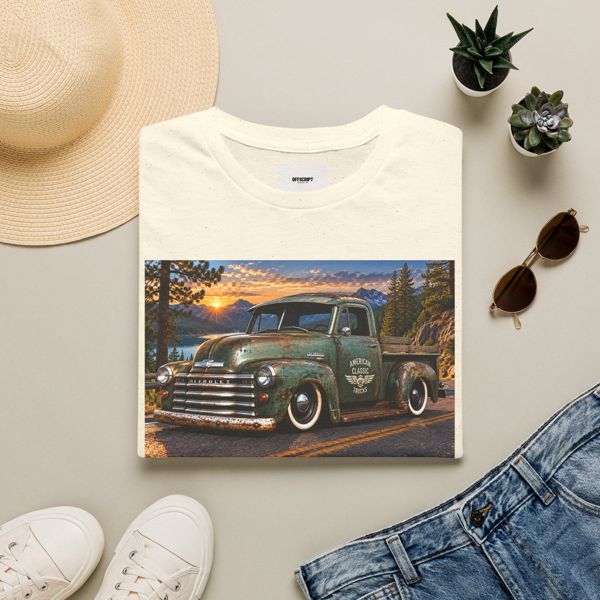 Vintage Green Pickup Truck T-Shirt — Retro Rustic Sunset Road Tee