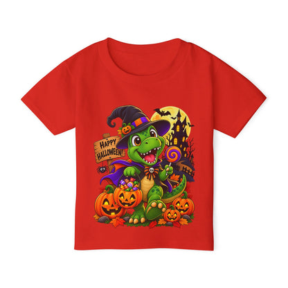 Toddler Halloween Dino T‑Shirt – Cute Witch Dino with Pumpkins & "Happy Halloween" Design