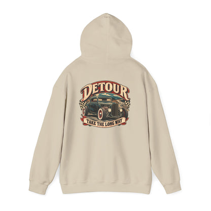 Detour Vintage Hot Rod Hoodie — "Take The Long Way" Classic Car Sweatshirt