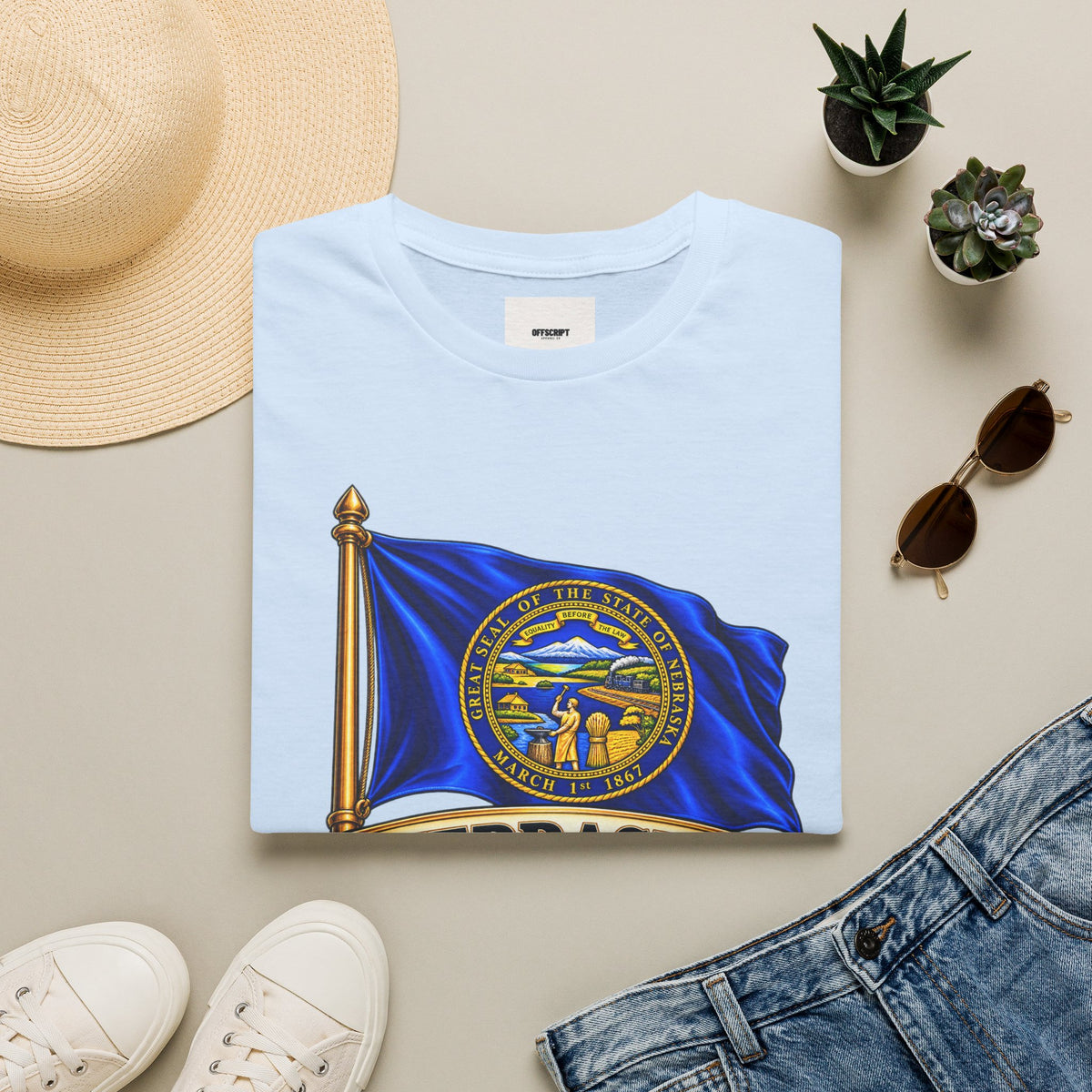 Nebraska Flag T-Shirt — State Seal ‘Nebraska: Equality Before the Law’