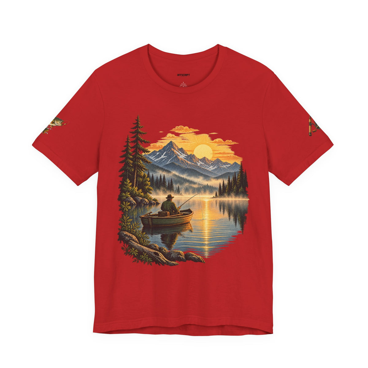 Sunset Lake Fishing T-Shirt — Mountain Boat Fishing Graphic Tee