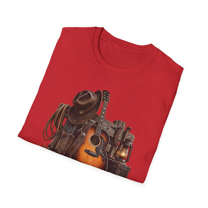 Country Music Guitar T-Shirt — Rustic Cowboy Hat & Lantern Graphic