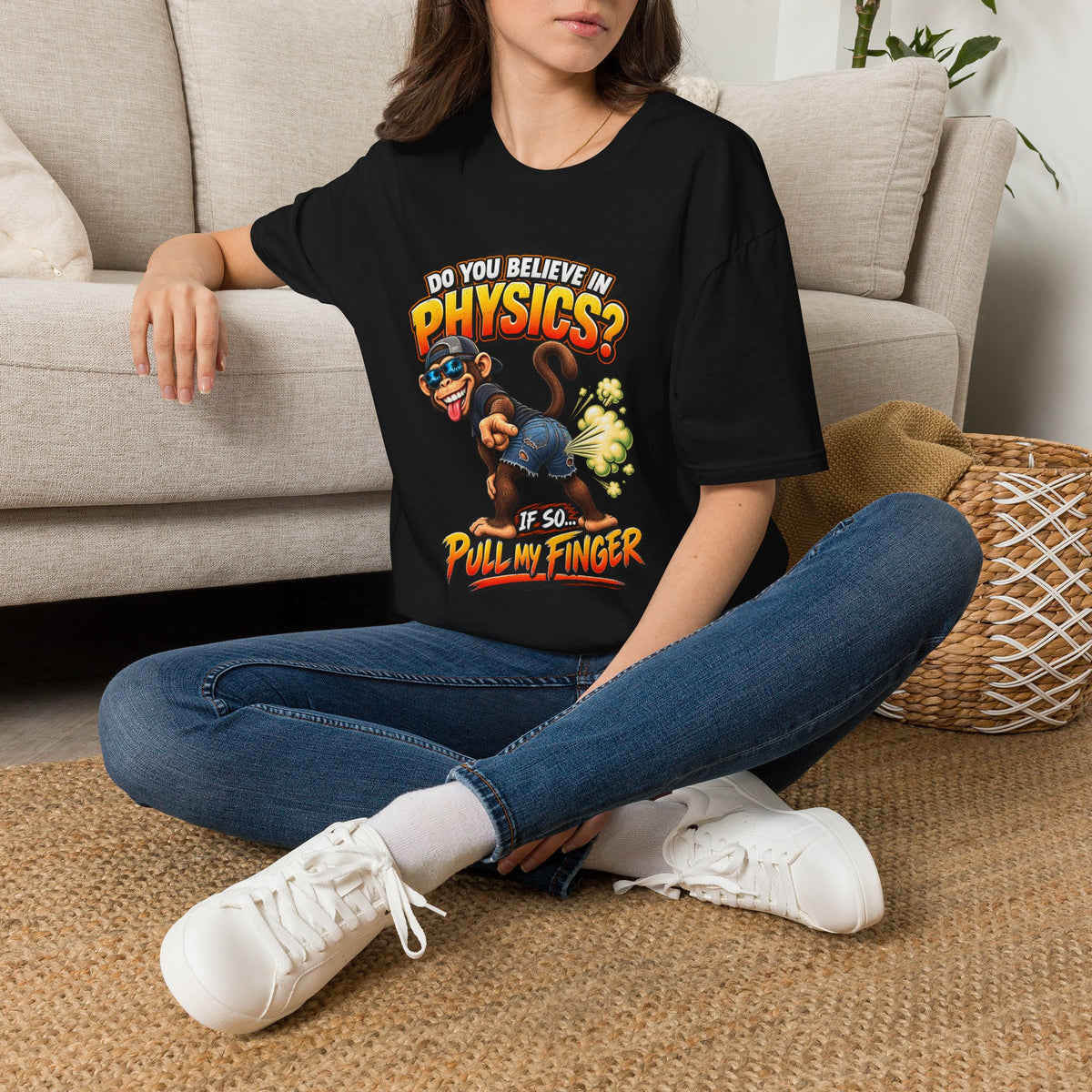 Physics Joke T-Shirt — "Do You Believe in Physics?" Monkey Pull My Finger Graphic Tee