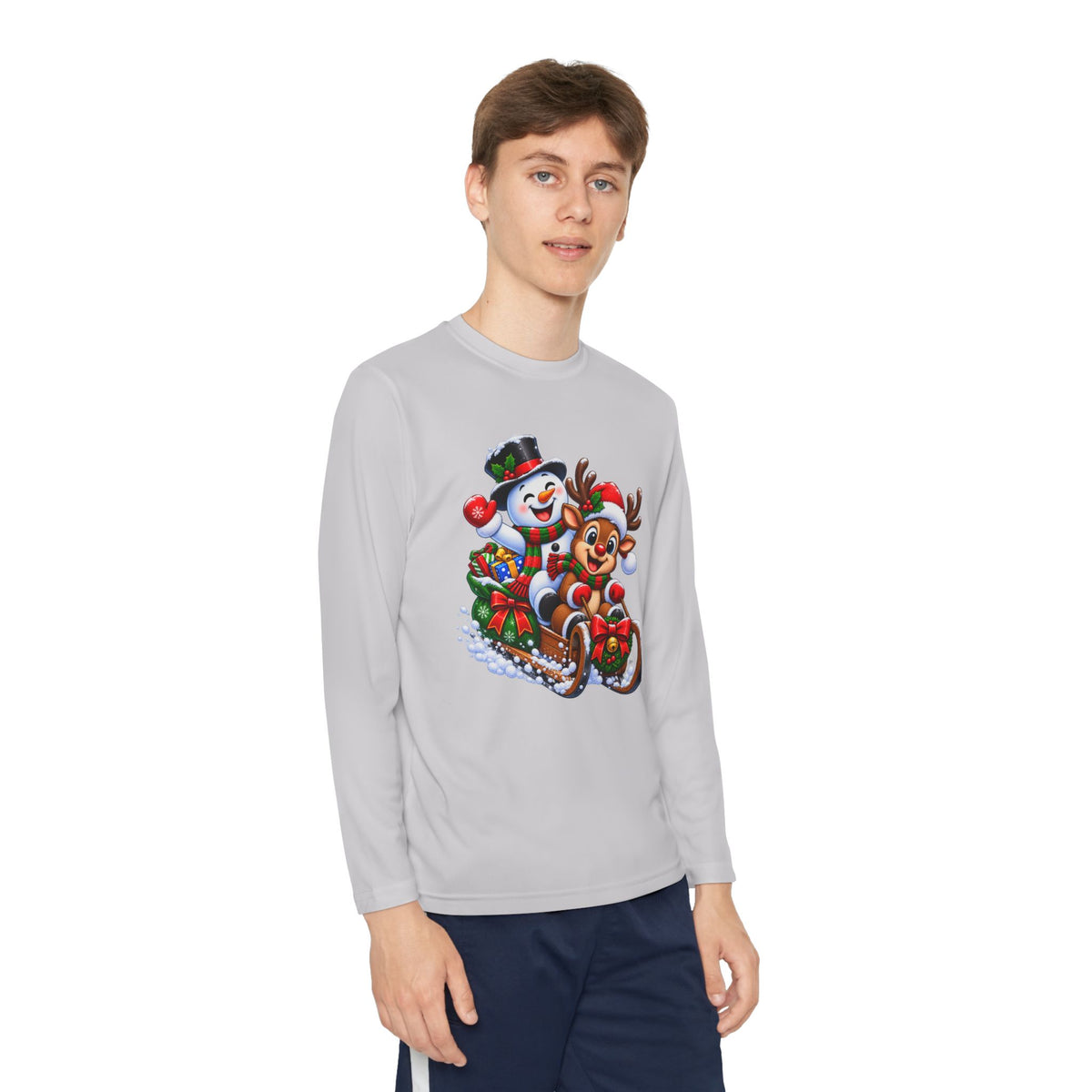 Kids' Christmas Sledding Tee — Snowman & Reindeer Holiday Long Sleeve