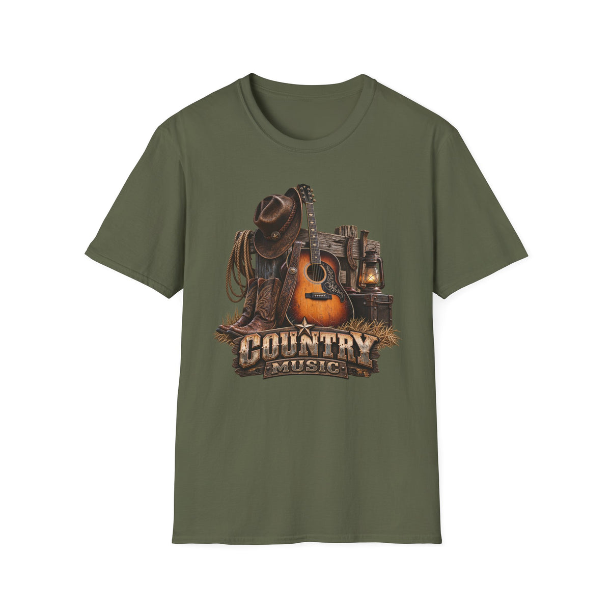 Country Music Guitar T-Shirt — Rustic Cowboy Hat & Lantern Graphic
