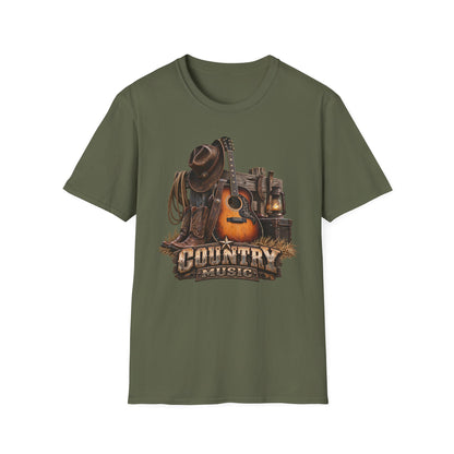 Country Music Guitar T-Shirt — Rustic Cowboy Hat & Lantern Graphic