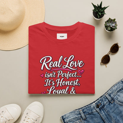 T-Shirt — "Real Love Isn't Perfect, It's Honest, Loyal & Forever" Romantic Heart Design