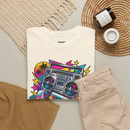 Retro Boombox Tee — 80s Neon Music Graphic T-Shirt